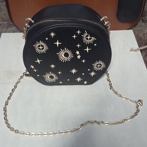 Black Round Crossbody Bag with Gold Star & Sun Embroidery
